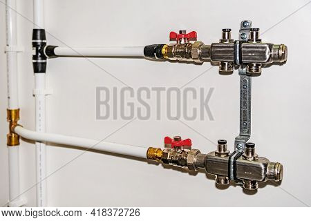 Stainless Steel Pipes Of The Heating System In The Boiler Room. Heating Thermoregulation System.