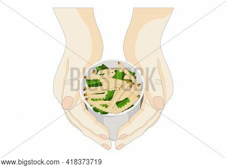 Hand Holding Disposable Cup Which Contain Bamboo Caterpillar Worm Insects For Eating As Food Deep-fr