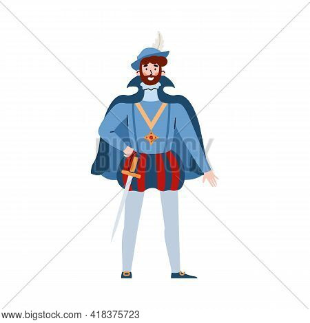 European Medieval Nobleman In Rich Clothes, Flat Vector Illustration Isolated.