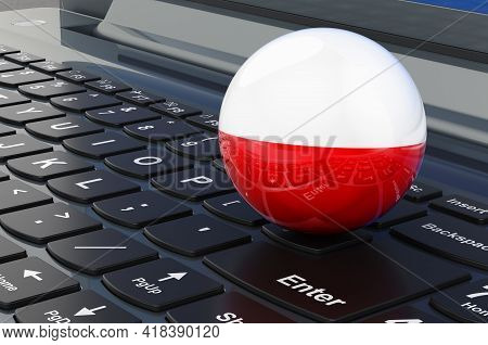 Polish Flag On Laptop Keyboard. Online Business, E-education, Shopping In Poland Concept. 3d Renderi