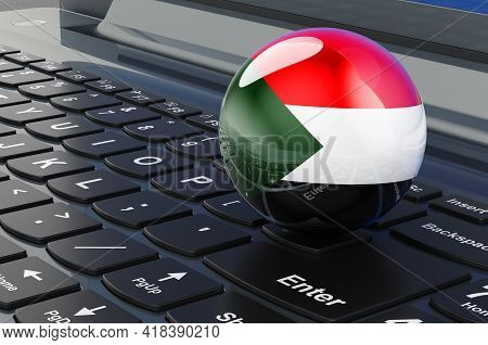 Sudanese Flag On Laptop Keyboard. Online Business, E-education, Shopping In Sudan Concept. 3d Render