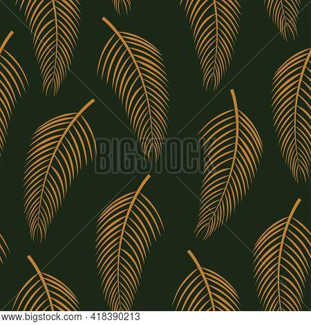 Vintage vector illustration with palm seamless pattern Golden lush foliage on deep green background