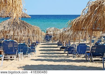 Popular Greece Beach - Ammolofoi. View Of The Beach On The Aegean Coast. Nea Peramos, Kavala, Northe