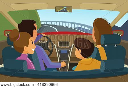 Family In Car. Mother Father And Kids Travelling In Automobile People Seating In Car Interior Exact 