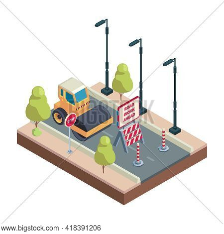 Asphalt Work. Road Repair Machine Surfacing Asphalt Yellow Roller Vehicles Garish Vector Isometric L