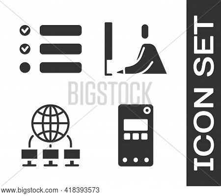 Set Mobile Phone, Task List, Computer Network And Student Working At Laptop Icon. Vector