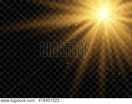 Sunlight On A Transparent Background. Isolated Yellow Rays Of Light. Vector Illustration