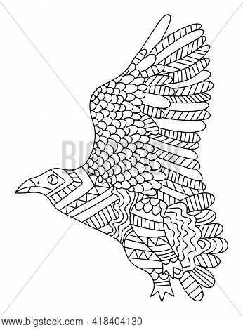 Big Wild Flying Bird Zen Art Coloring Page For Adults Stock Vector Illustration. Hand-drawn Ornament