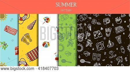 Seamless Summer Patterns. Hand Draw Accessories For Beach Holidays By The Sea. Doodle Illustration F