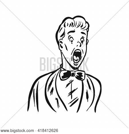 Wow Pop Art Male Face. Surprised Happy Young Man In Suit, Bow Tie And Glasses With Open Mouth Rises 