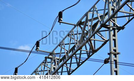 Railway Infrastructure. Fragment Of Electric Traction. Railway Traction Over Railway Tracks. Electri