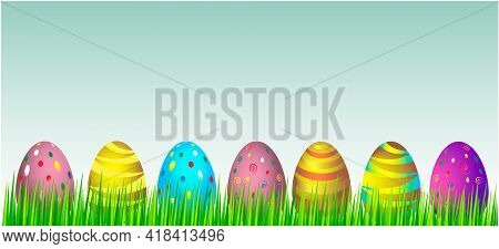 Multi-colored Eggs In The Green Grass.
Spring Vector Design For Easter Holidays.
Above The Image You