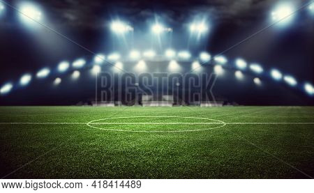 Football Stadium, Shiny Lights, View From Field. Soccer Concept
