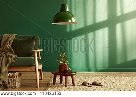 Minimalist Living Room Interior In Stylish House With Design Velvet Sofa, Carpet On Floor, Brown Woo