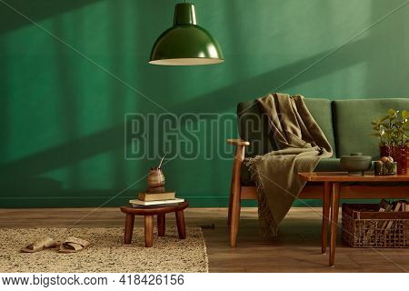 Minimalist Living Room Interior In Stylish House With Design Velvet Sofa, Carpet On Floor, Brown Woo