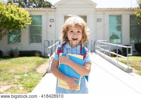 Knowledge Day. Kid Go To Study. Happy Childhood. Primary School Education. Child Ready To Lessons We