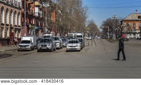 Ust-kamenogorsk, Kz - April 9, 2021. Pedestrian Crossing. Traffic. Downtown.