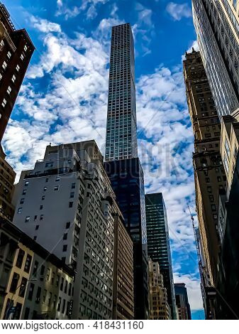 Exterior Of High Rise Business Building And Residential Buildings In Midtown Manhattan, Under A Part