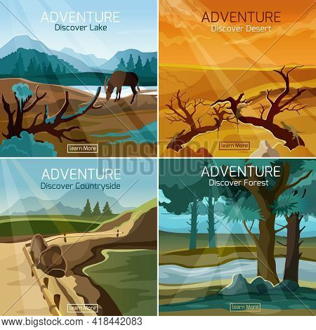 Wild Nature Landscapes 4 Flat Icons Composition Banner Set With Countryside Forest Lake Abstract Iso