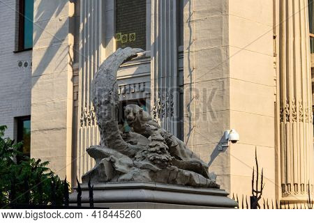 Statue Of Fight A Lioness With Eagle Near House With Chimaeras In Kiev, Ukraine