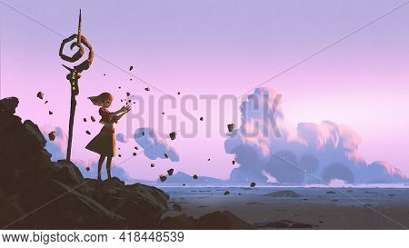 Witch Girl Cast Spells With Magic Power, Digital Art Style, Illustration Painting