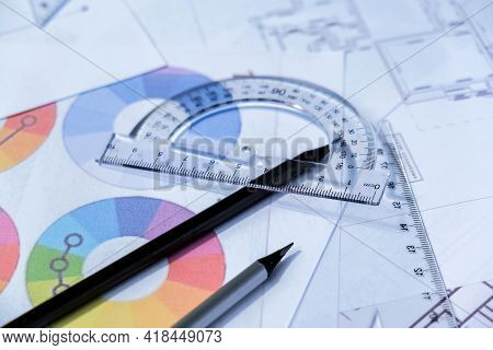 Architecture Plan Of The House, Palette Of Colors Designs For Interior Works. Projects Of Houses. In