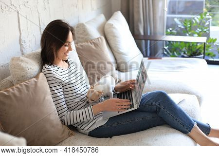 Smiling Young Woman Sitting On Sofa With Laptop Computer And Chating With Friends, Little Dog Playin