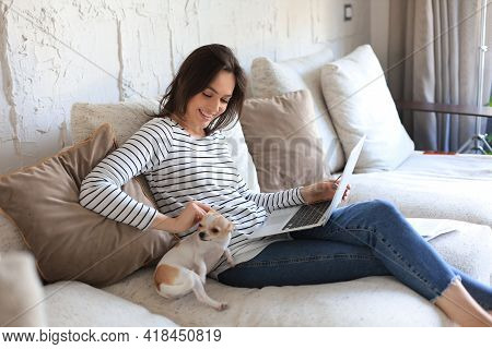 Smiling Young Woman Sitting On Sofa With Laptop Computer And Chating With Friends, Little Dog Playin