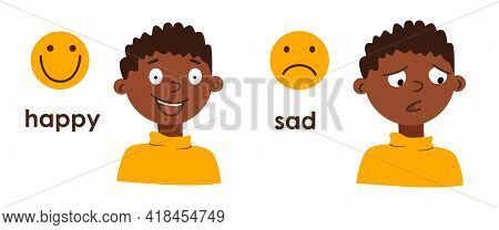 Little African American Boy With Different Facial Expressions. Happy And Sad Child. Bad And Good Moo