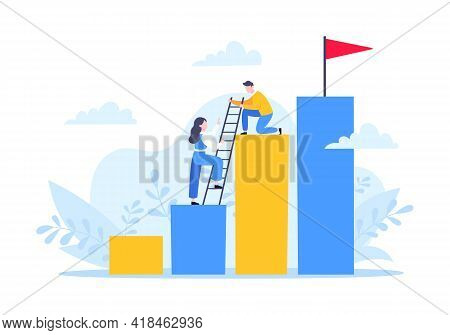 Business Mentor Helps To Improve Career And Holding Stairs Steps Vector Illustration. Mentorship, Up
