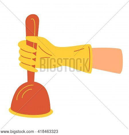 Hand In Rubber Glove Holding Plunger For Clean Toilet. Plumber In Uniform Cleans Sewer. Fresh, Hygie