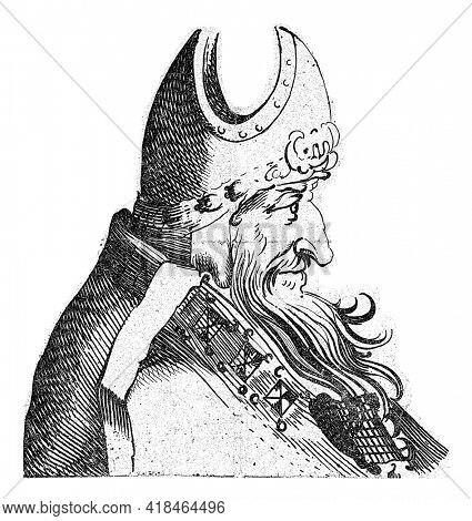 Portrait of a bishop with a long beard and miter on the head. The episcopal robe around the shoulders.
