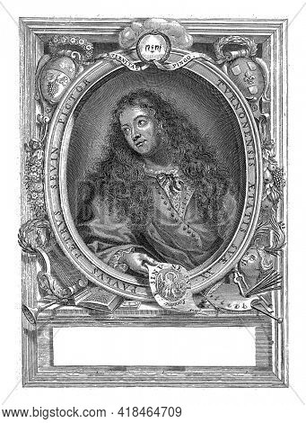 The painter Petrus Paulus Sevin from Tours, with attributes of painting and music. Bust with long loose hair (or wig), a paper with pictures of a pelican in the right hand.
