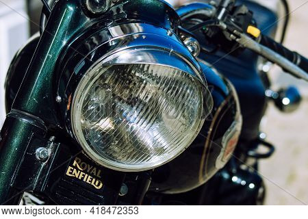 Reims France April 26, 2021 Royal Enfield 500cc Motorcycle Parked In The Streets Of Reims