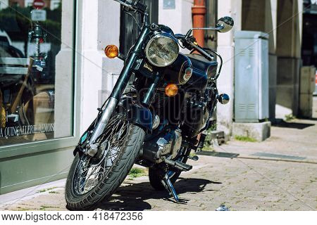 Reims France April 26, 2021 Royal Enfield 500cc Motorcycle Parked In The Streets Of Reims