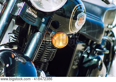 Reims France April 26, 2021 Royal Enfield 500cc Motorcycle Parked In The Streets Of Reims