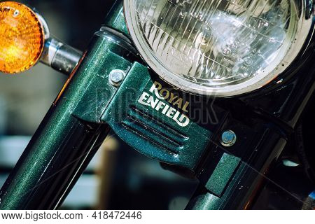 Reims France April 26, 2021 Royal Enfield 500cc Motorcycle Parked In The Streets Of Reims