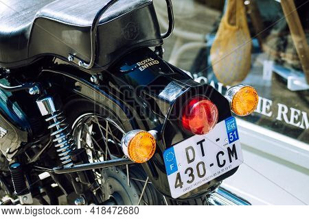 Reims France April 26, 2021 Royal Enfield 500cc Motorcycle Parked In The Streets Of Reims