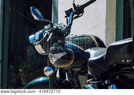 Reims France April 26, 2021 Royal Enfield 500cc Motorcycle Parked In The Streets Of Reims