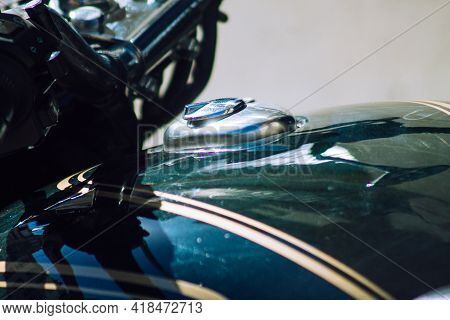 Reims France April 26, 2021 Royal Enfield 500cc Motorcycle Parked In The Streets Of Reims