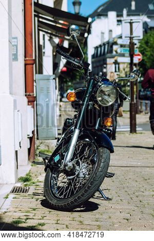 Reims France April 26, 2021 Royal Enfield 500cc Motorcycle Parked In The Streets Of Reims