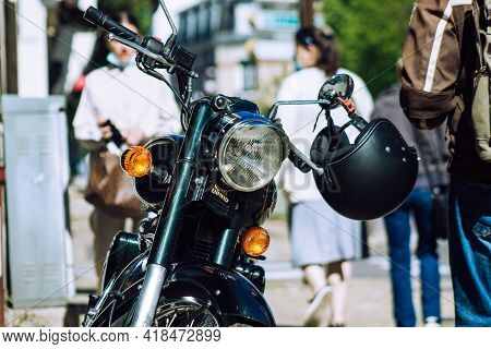 Reims France April 26, 2021 Royal Enfield 500cc Motorcycle Parked In The Streets Of Reims