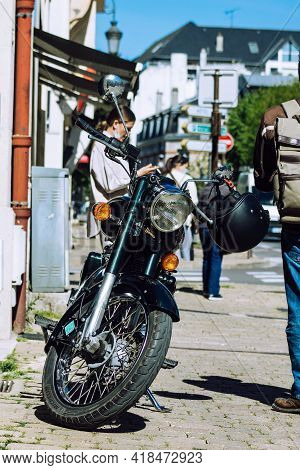 Reims France April 26, 2021 Royal Enfield 500cc Motorcycle Parked In The Streets Of Reims