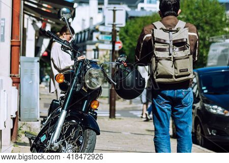 Reims France April 26, 2021 Royal Enfield 500cc Motorcycle Parked In The Streets Of Reims