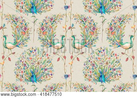 Pattern background  with watercolor peacock and flower illustration