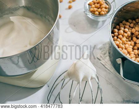 Whipped Aquafaba In Planetary Mixer. Chickpea Water Brine Aquafaba Whipped. Egg Replacement In Coock