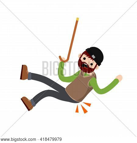 Old Man Falls To Ground. Sore Spot And Back Pain. Grandfather Failure And Injury. Cartoon Flat Illus