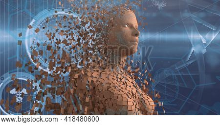 Composition of human model with particles over dna strand, scope scanning and hexagons. global medicine, science and technology concept digitally generated image.