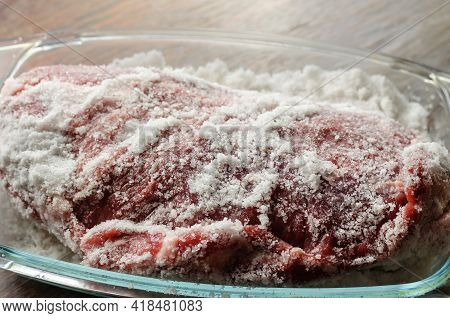 Homemade Capicola (coppa). Dry-cured Pork Loin Step-by-step Recipe. Step Salting Meat. Raw Pork Meat