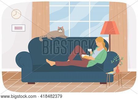 Girl Sits At Home And Reads. Woman With Book In Her Hands Spending Time In Apartment. Female Charact